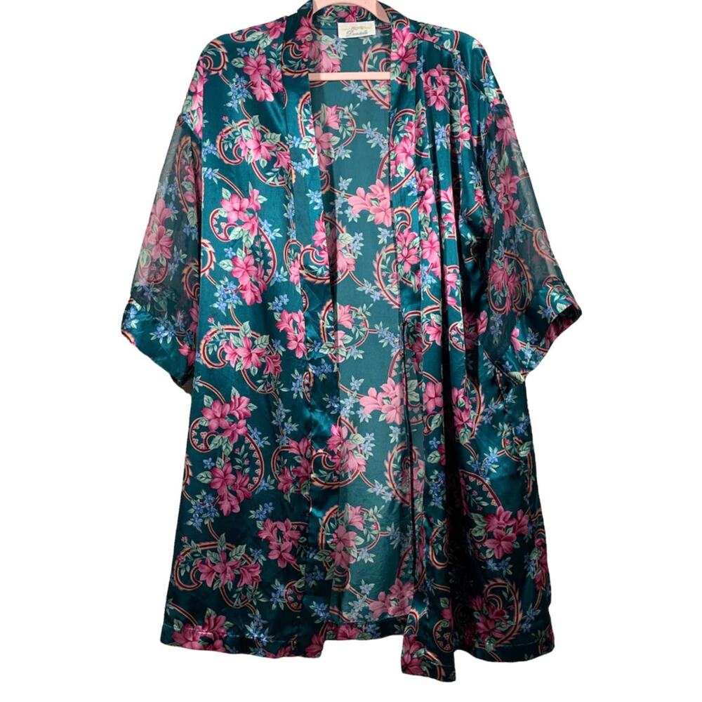 DENTELLE Vintage Green Floral Silky Kimono Medium